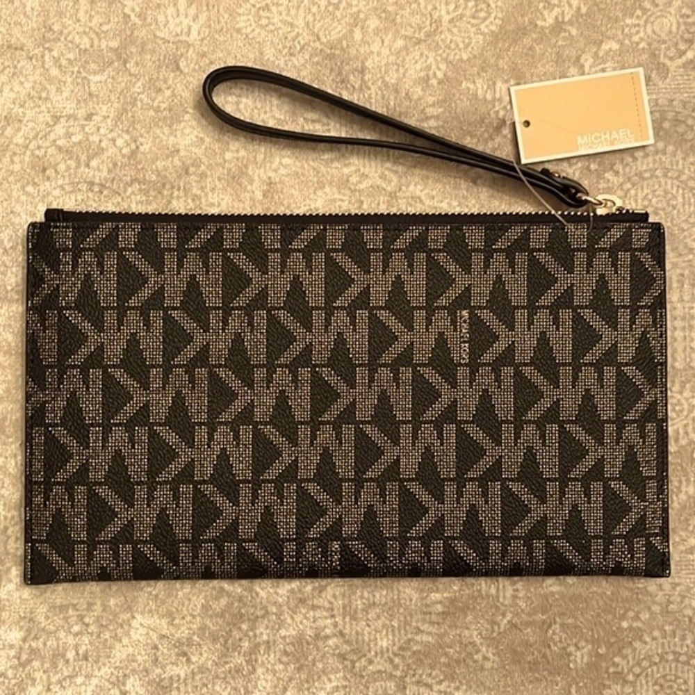 Brand New Michael Kors Large Zippered Clutch Wristlet Black & Gold Jet Set - Picture 6 of 15